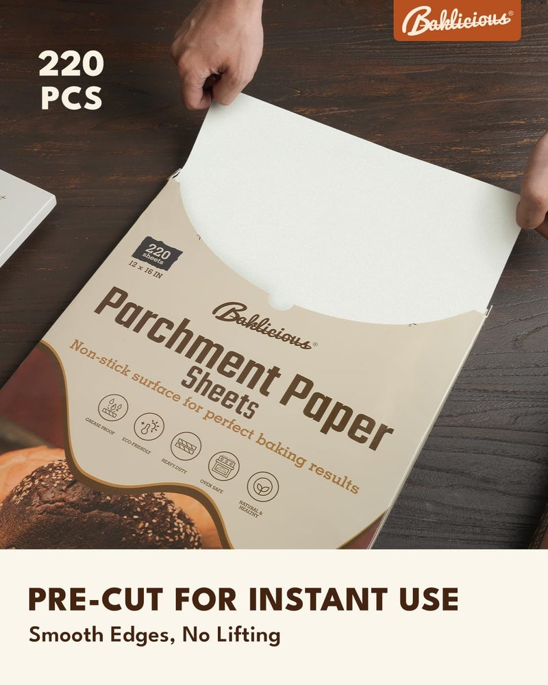BAKLICIOUS 220 Pcs 12x16 In Parchment Paper Sheets, Baklicious Pre-cut Non-Stick Parchment Baking Paper for Air Fryer, Oven, Bakeware, Steaming, Cooking Bread, Cupcake, Meat, Cookies - Image 2